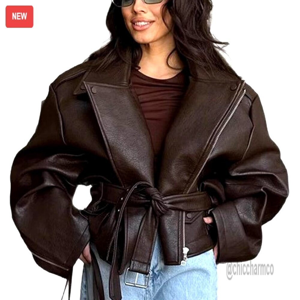 Leather Cropped Jacket Oversized Motorcycle Style with Belt Y2K Streetwear